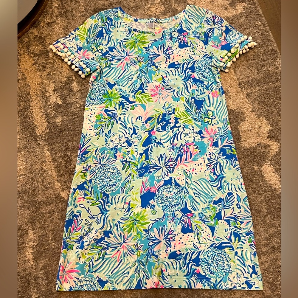 New w/o tag Lilly Pulitzer cotton shift dress short sleeve with Pom Pom’s
